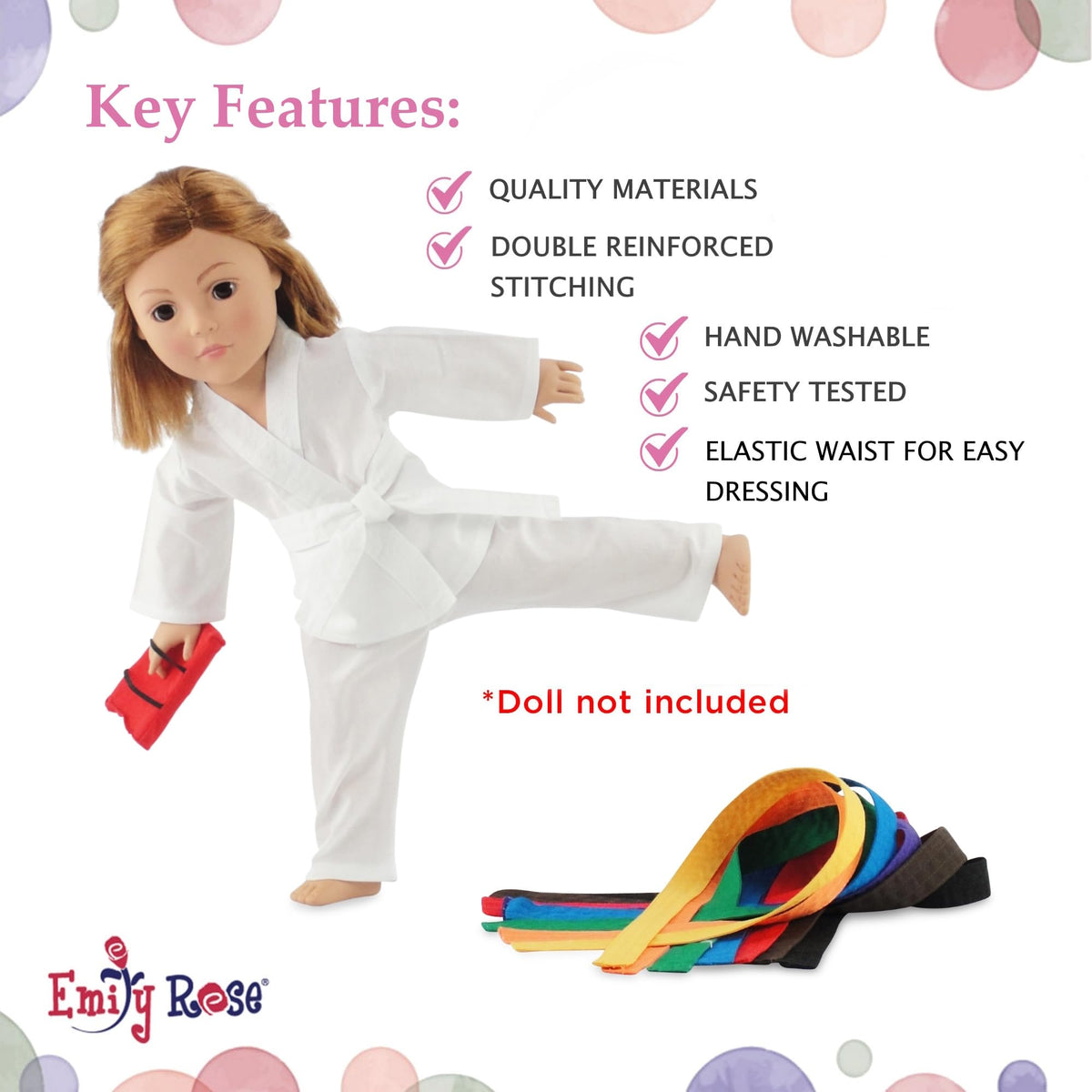 Emily Rose 18 Inch Doll Karate Outfit – 11-Piece Martial Arts Set with 9 Belts