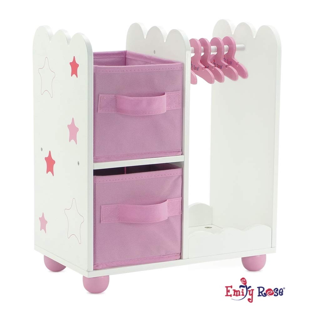 Emily Rose 14-Inch Doll Open Wardrobe with Hangers & Bins | Wooden Organizer for Wellie Wishers & 14-Inch Dolls
