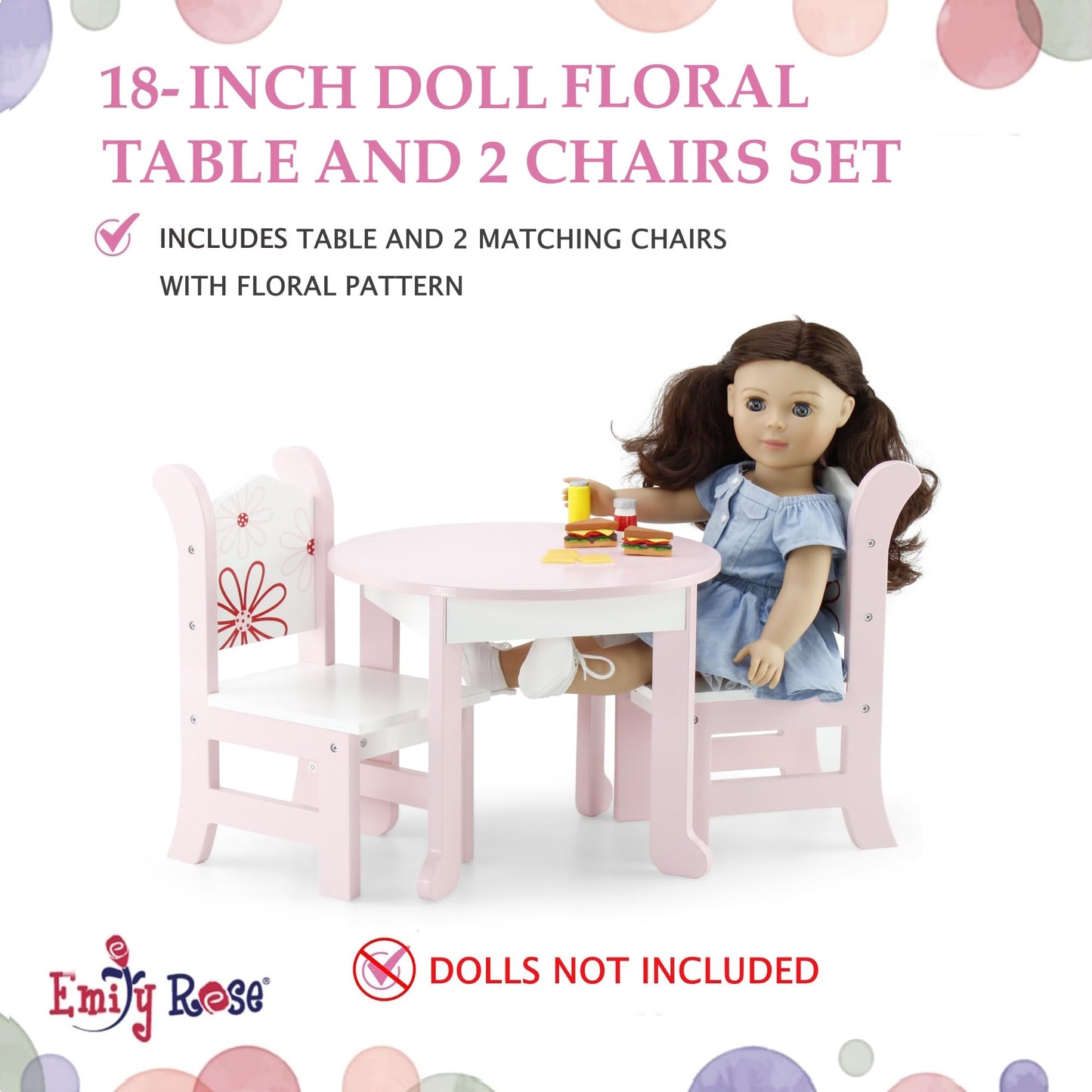Emily Rose 18-Inch Doll Furniture: Floral Dining Table & 2 Chairs | American Girl Compatible