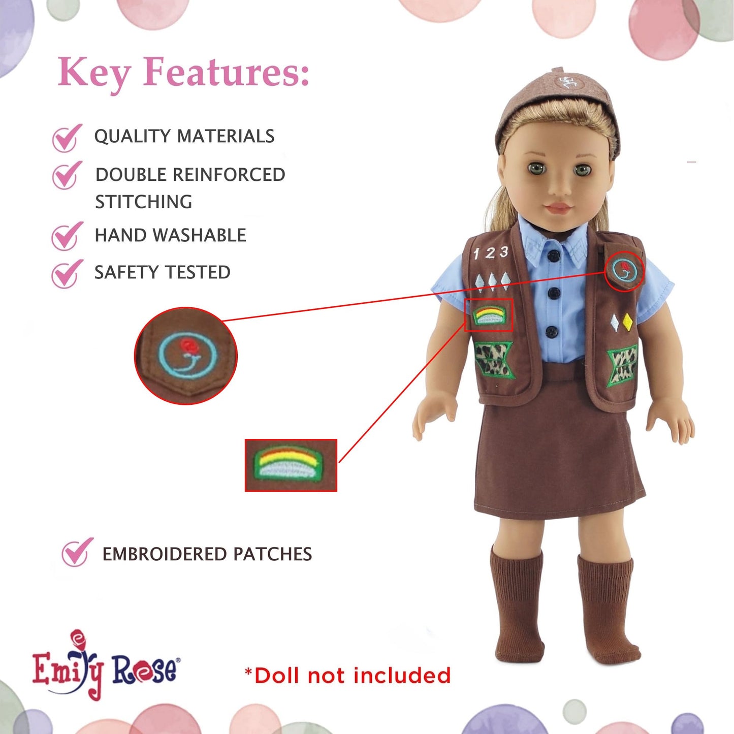 Emily Rose 18-Inch Doll Clothes – Girl Scout Brownie Uniform with Embroidered Patches | Licensed by Girl Scouts USA