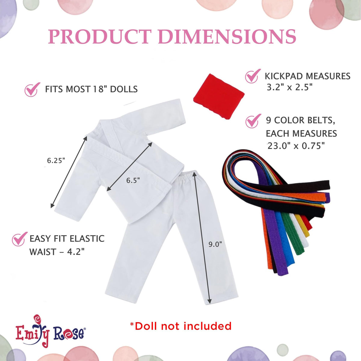 Emily Rose 18 Inch Doll Karate Outfit – 11-Piece Martial Arts Set with 9 Belts