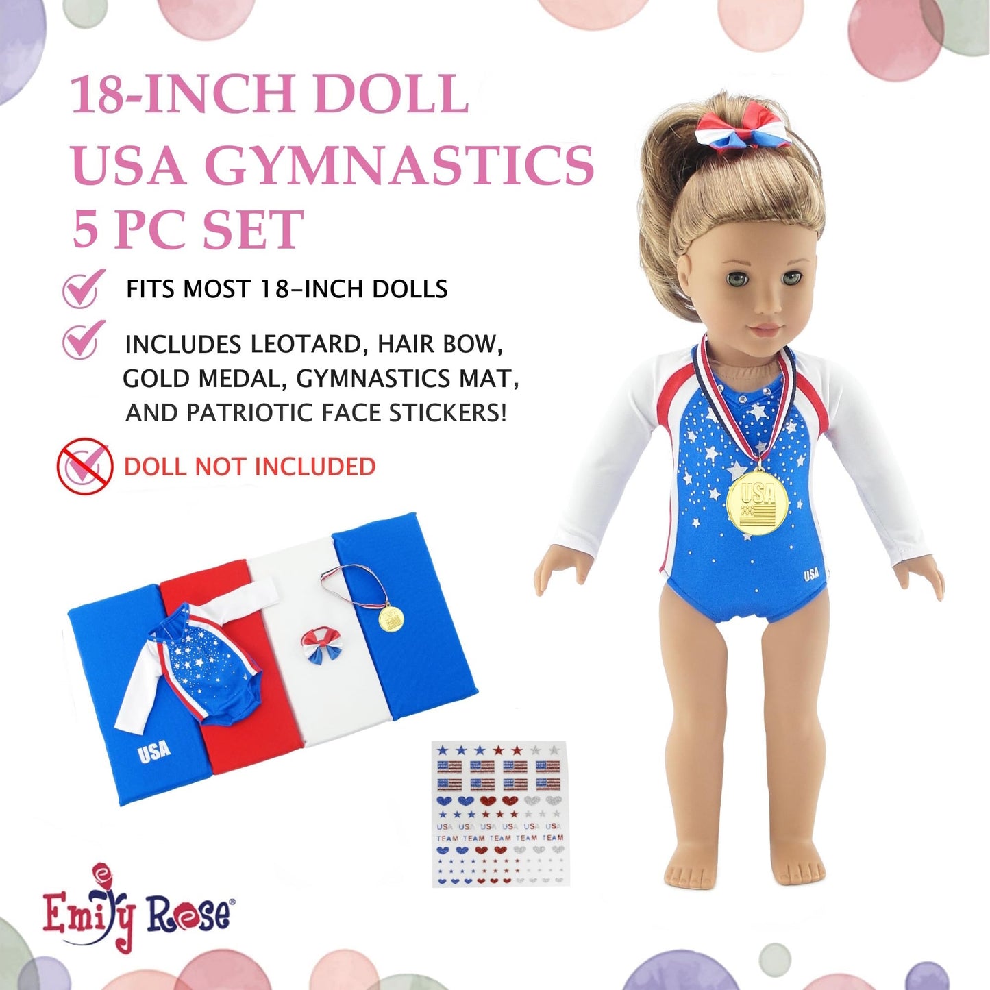 Emily Rose 18-inch Doll Gymnastics Outfit 5-Piece Set | Bejeweled Leotard, Medal, Hair Bow & Mat