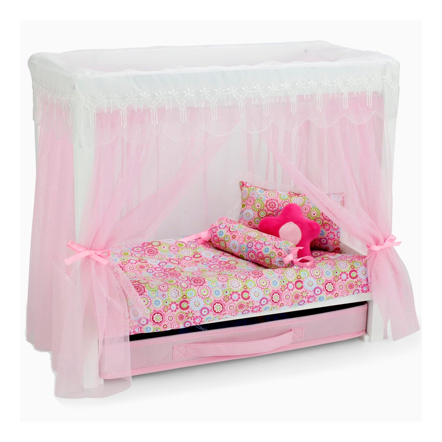 Emily Rose 18in Doll Princess Canopy Bed - White Wood, Pink Tulle Curtains, 5-Piece Bedding & Storage Drawer