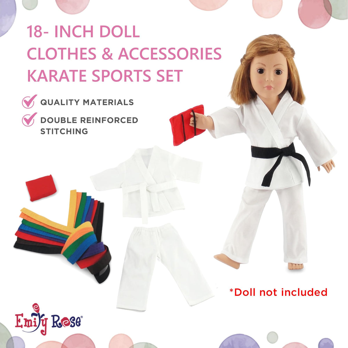Emily Rose 18 Inch Doll Karate Outfit – 11-Piece Martial Arts Set with 9 Belts