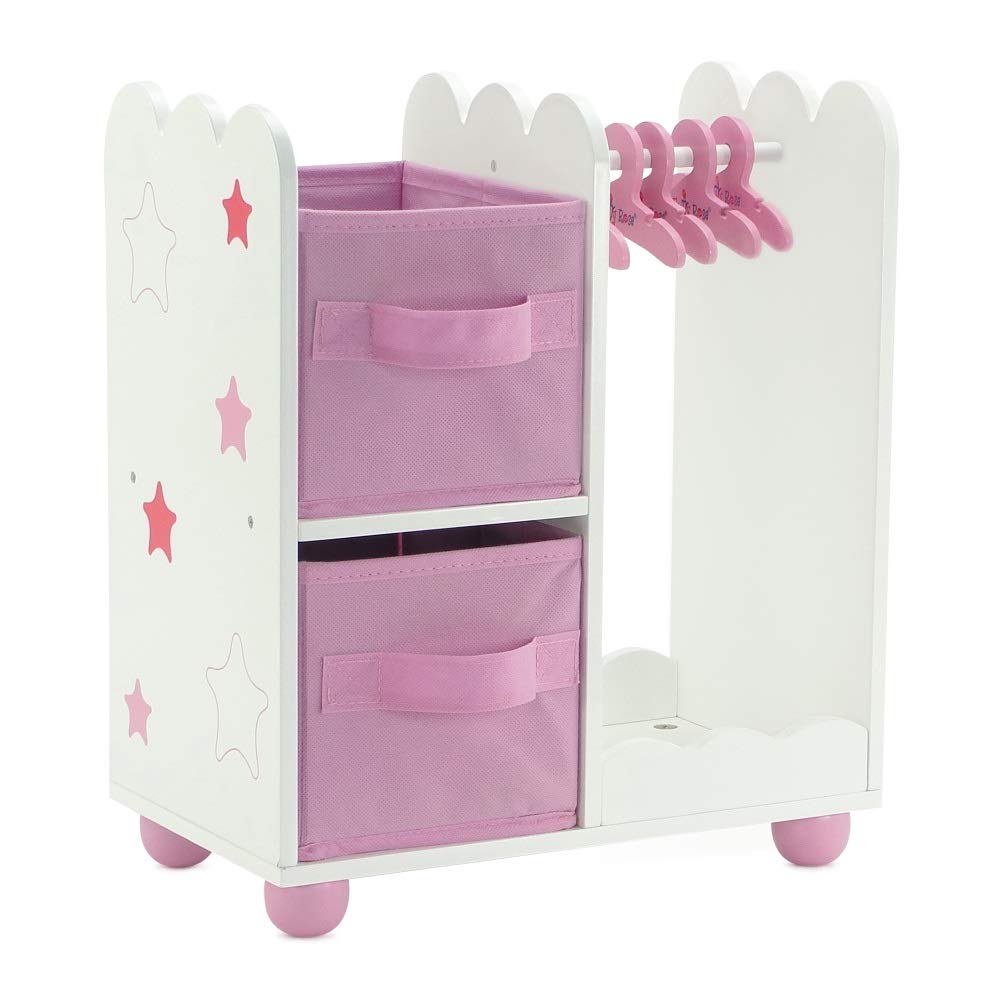 Emily Rose 14-Inch Doll Open Wardrobe with Hangers & Bins | Wooden Organizer for Wellie Wishers & 14-Inch Dolls
