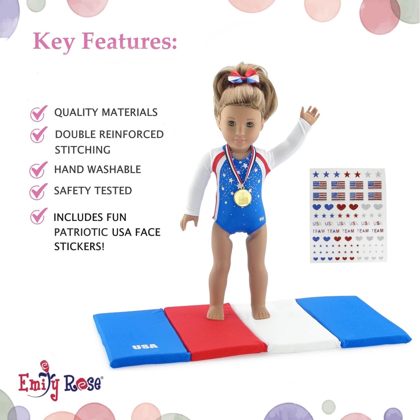 Emily Rose 18-inch Doll Gymnastics Outfit 5-Piece Set | Bejeweled Leotard, Medal, Hair Bow & Mat
