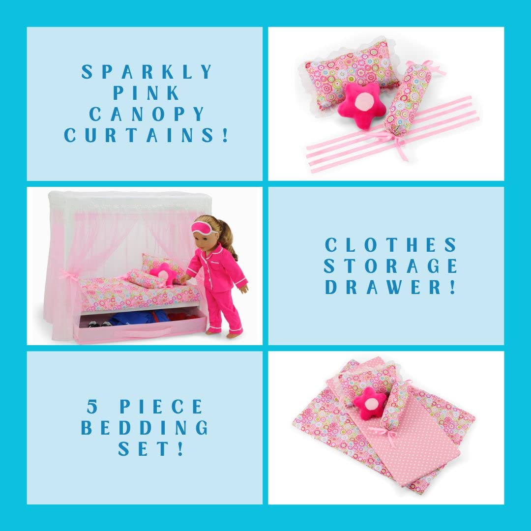 Emily Rose 18in Doll Princess Canopy Bed - White Wood, Pink Tulle Curtains, 5-Piece Bedding & Storage Drawer