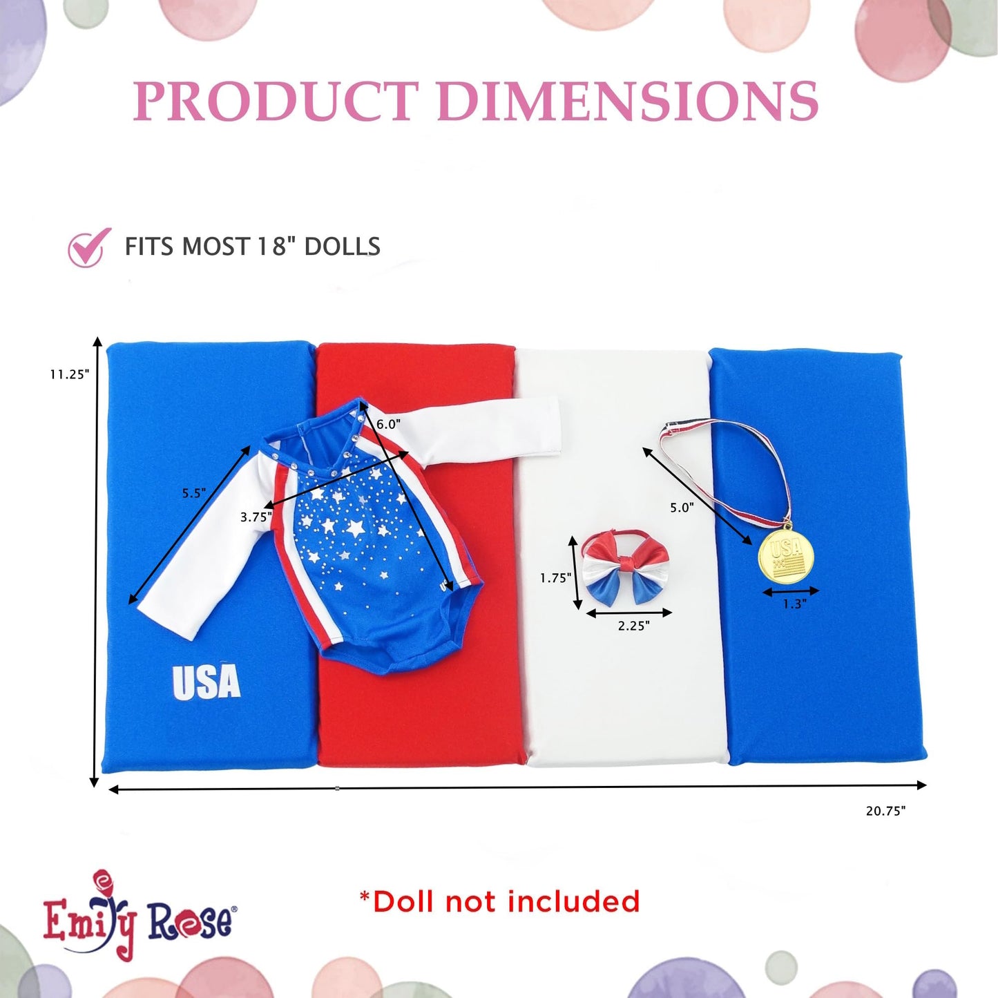 Emily Rose 18-inch Doll Gymnastics Outfit 5-Piece Set | Bejeweled Leotard, Medal, Hair Bow & Mat