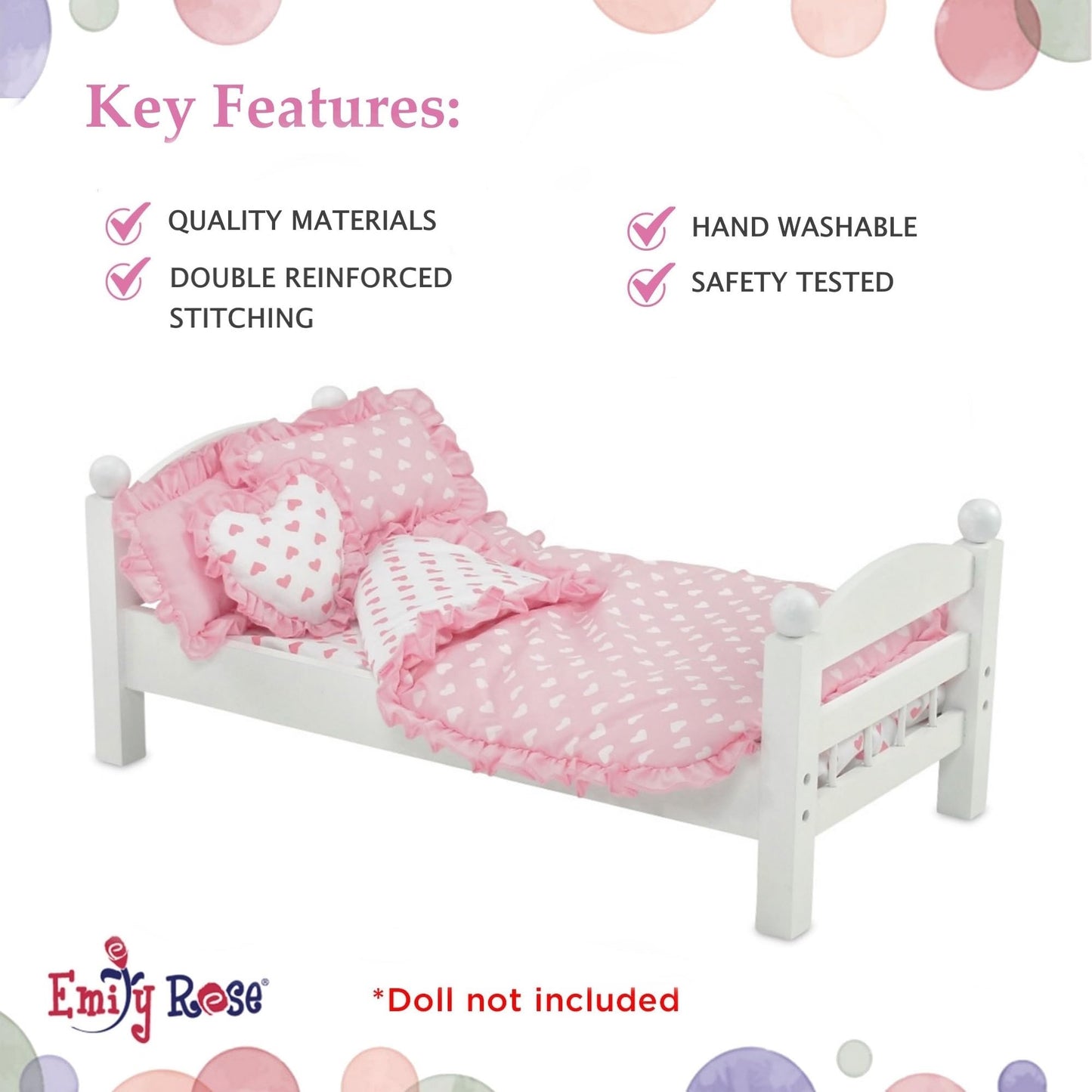 Emily Rose 18-inch Doll Bedding Set – 5-Piece Pink Heart Comforter & Mattress Cover for 18-Inch Dolls | Fits American Girl, Bunks & Cribs