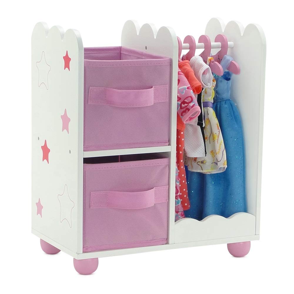 Emily Rose 14-Inch Doll Open Wardrobe with Hangers & Bins | Wooden Organizer for Wellie Wishers & 14-Inch Dolls
