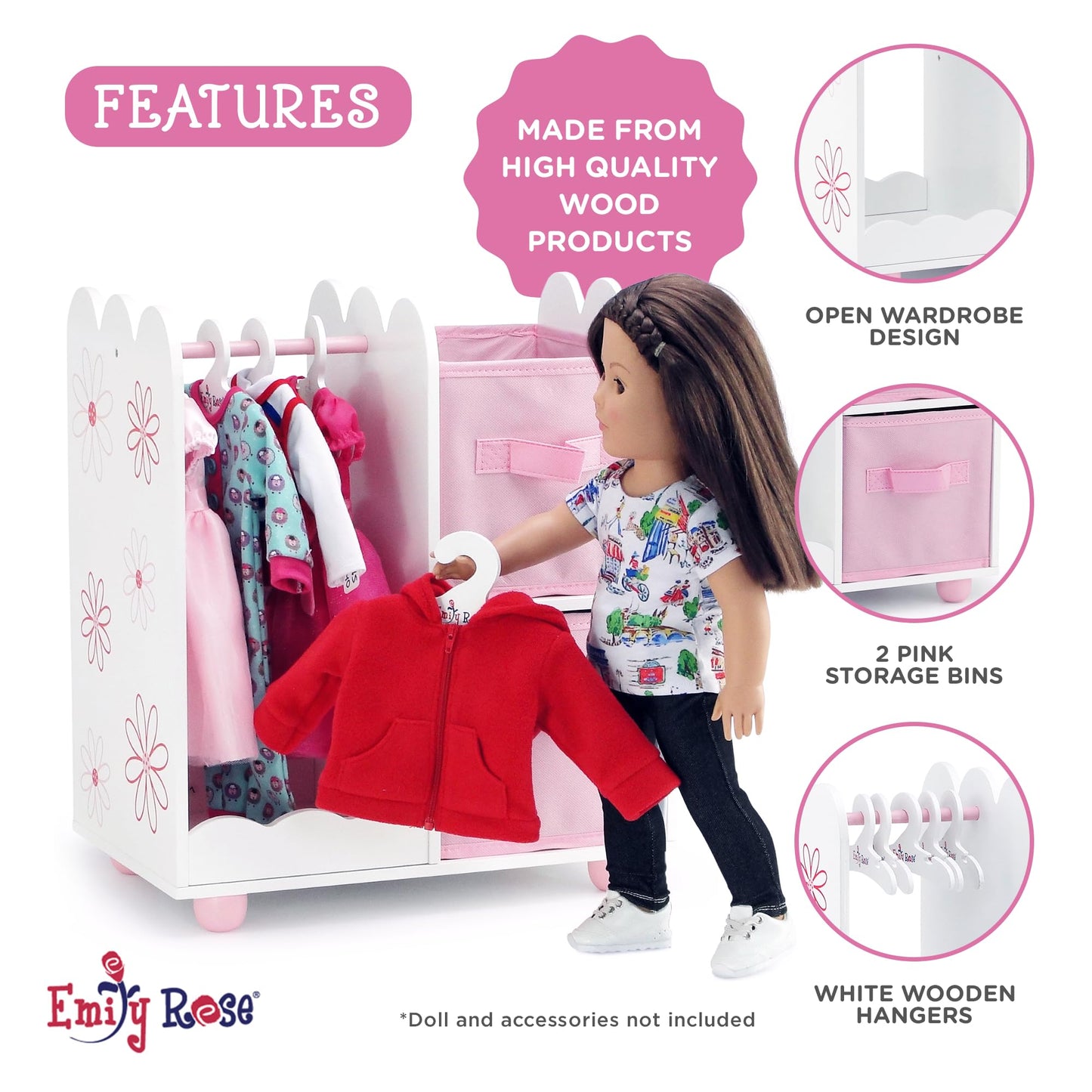 Emily Rose 18-Inch Doll Wardrobe Closet Organizer | Open Storage Armoire for American Girl Dolls