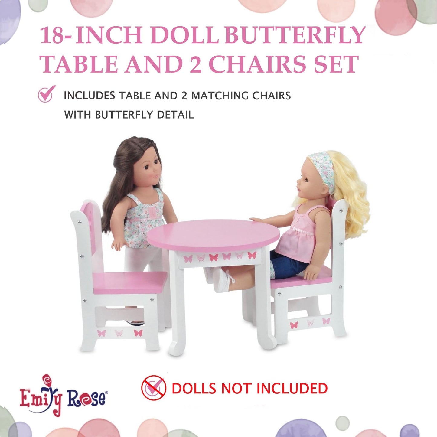 Emily Rose 18-Inch Doll Dining Table & 2 Chairs – Pink Butterfly Collection