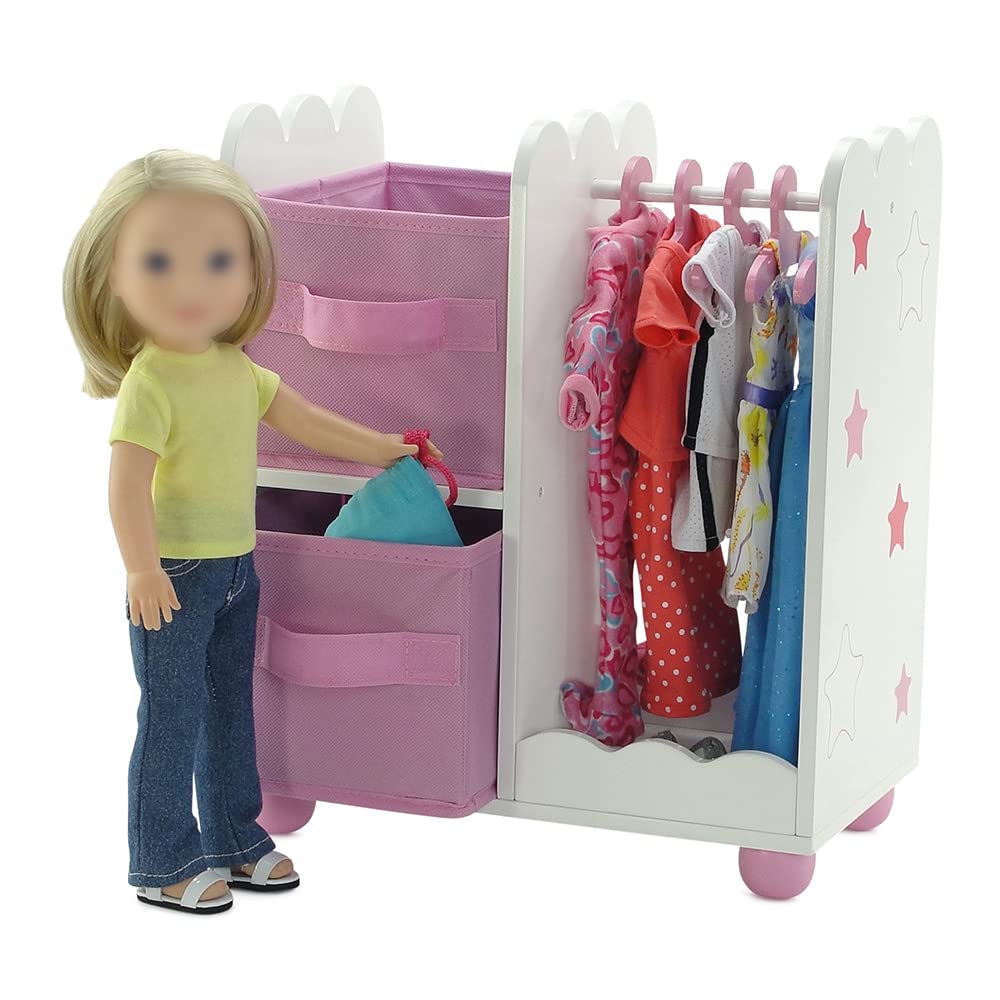 Emily Rose 14-Inch Doll Open Wardrobe with Hangers & Bins | Wooden Organizer for Wellie Wishers & 14-Inch Dolls