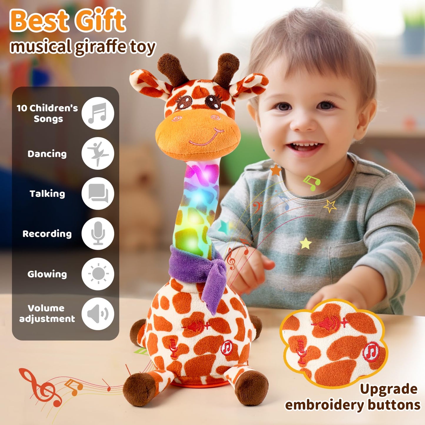 Emoin Dancing Talking Giraffe Toy for Baby & Toddler – 15s Recording, Adjustable Volume, 10 Songs