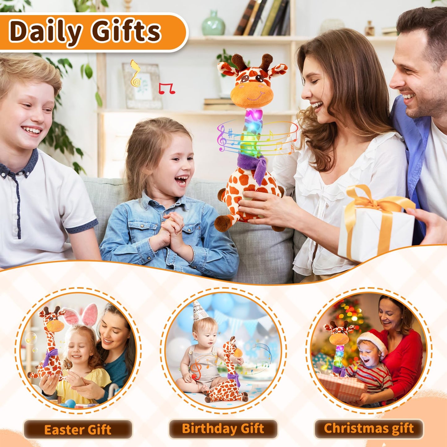 Emoin Dancing Talking Giraffe Toy for Baby & Toddler – 15s Recording, Adjustable Volume, 10 Songs