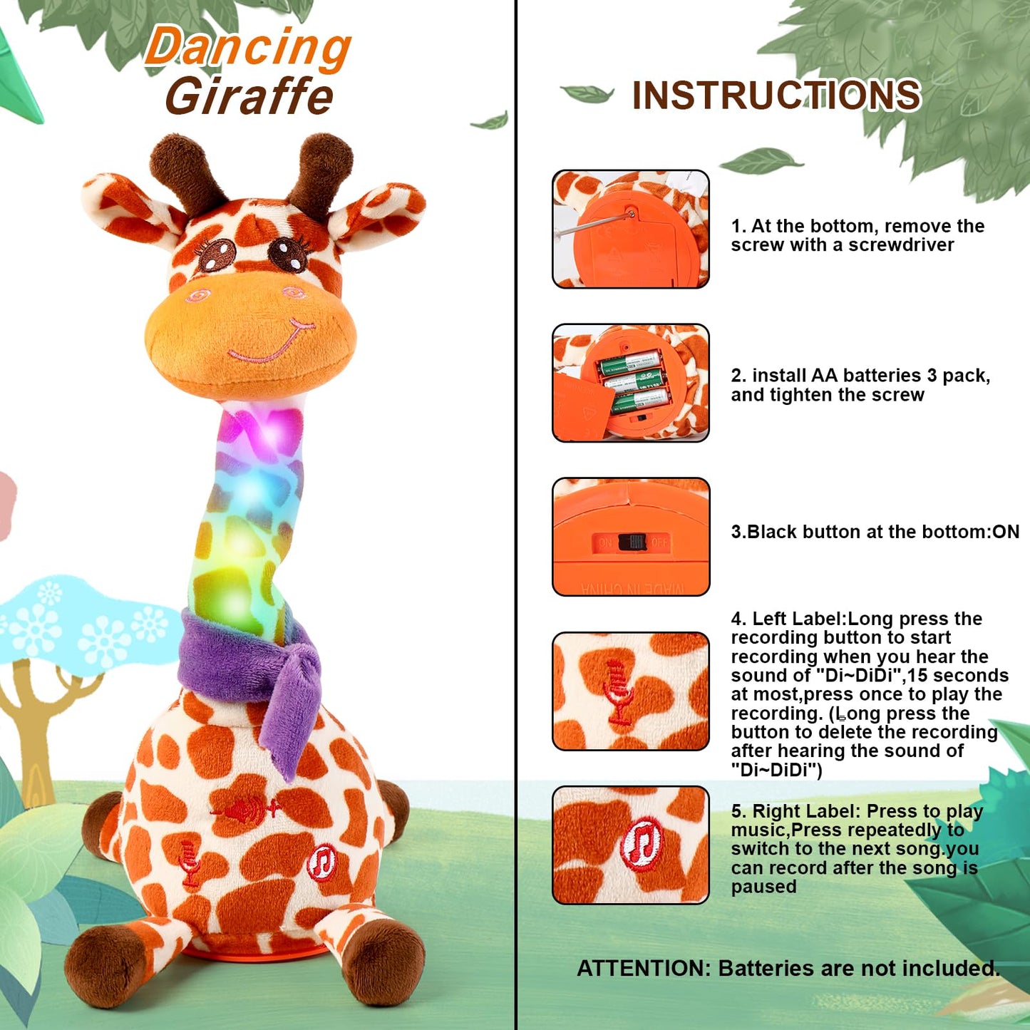 Emoin Dancing Talking Giraffe Toy for Baby & Toddler – 15s Recording, Adjustable Volume, 10 Songs