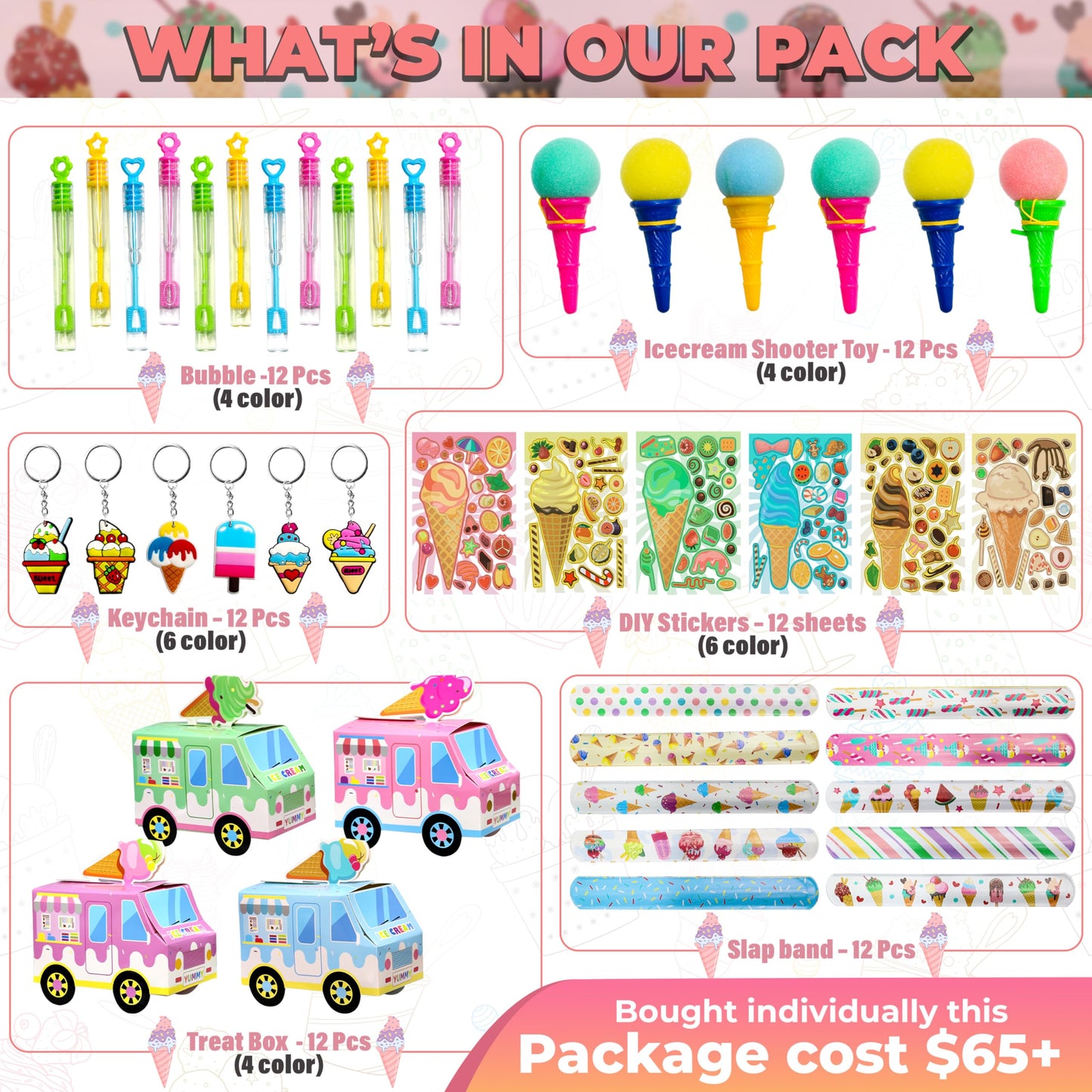 Empire Party Supply Ice Cream Party Favors — 72 Pc Set with Slap Bracelets & More