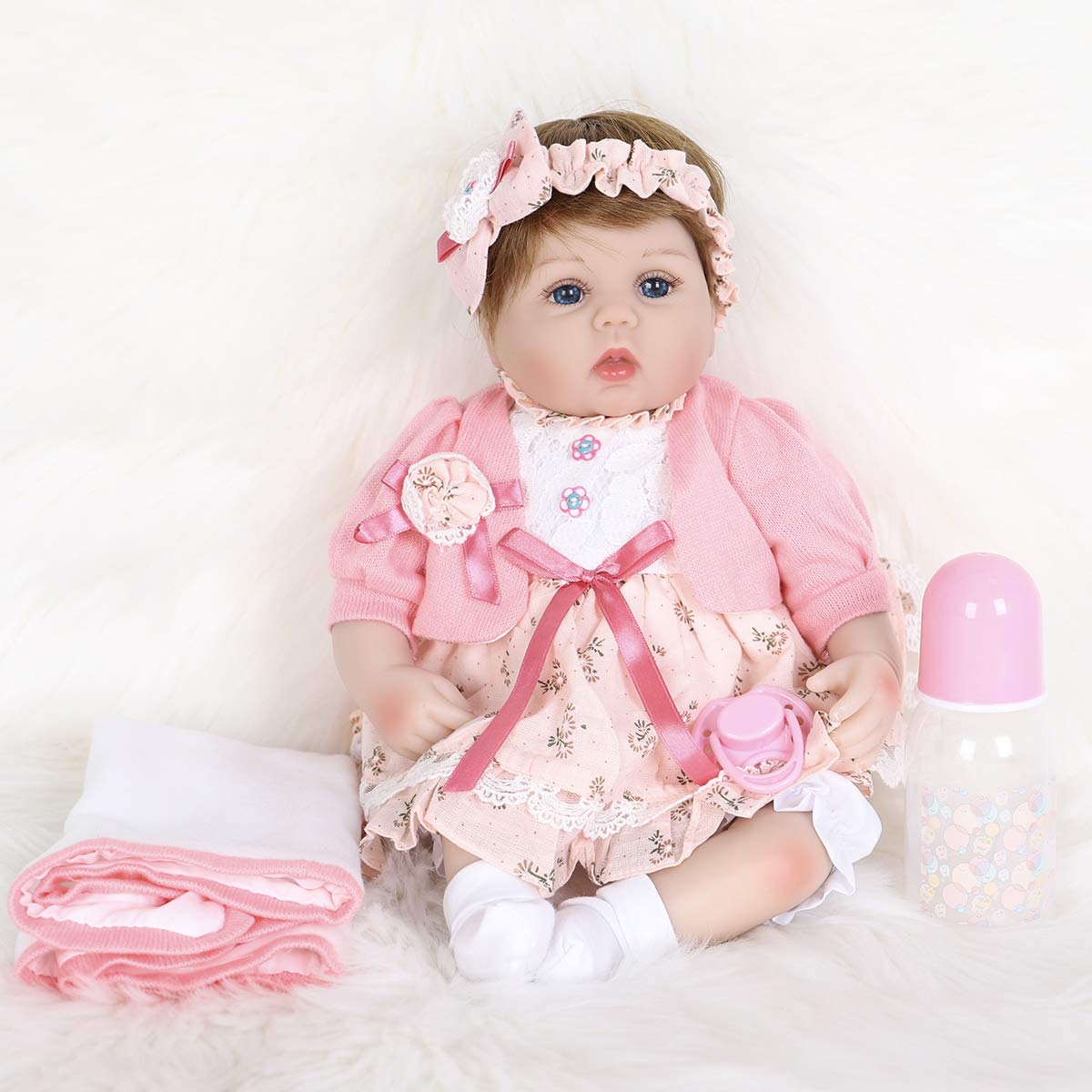 ENADOLL Reborn Baby Doll – 16 Inch Realistic Silicone Vinyl Doll with Pink Hairband Gift Set