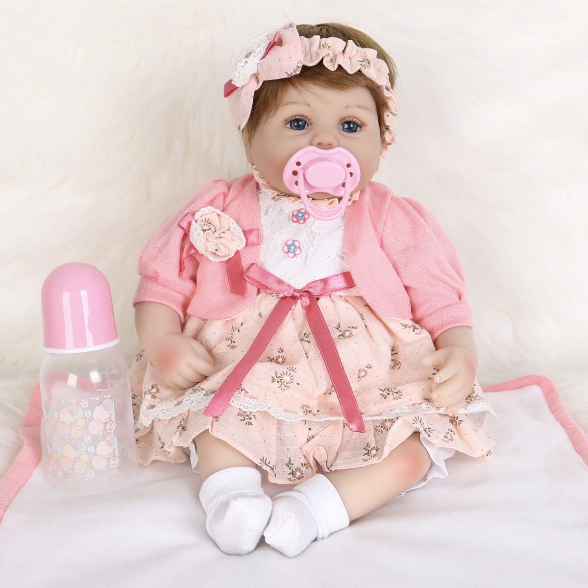 ENADOLL Reborn Baby Doll – 16 Inch Realistic Silicone Vinyl Doll with Pink Hairband Gift Set