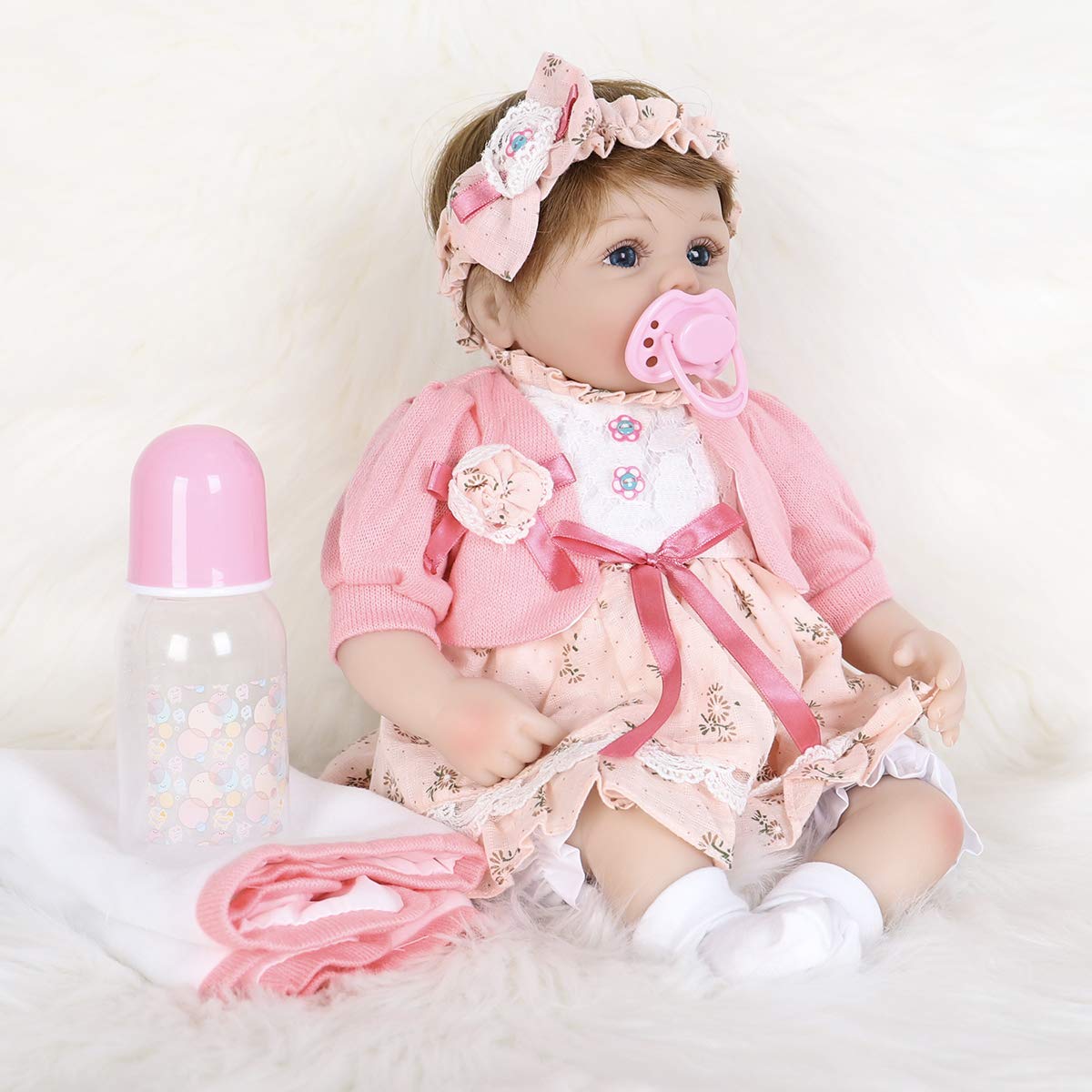 ENADOLL Reborn Baby Doll – 16 Inch Realistic Silicone Vinyl Doll with Pink Hairband Gift Set