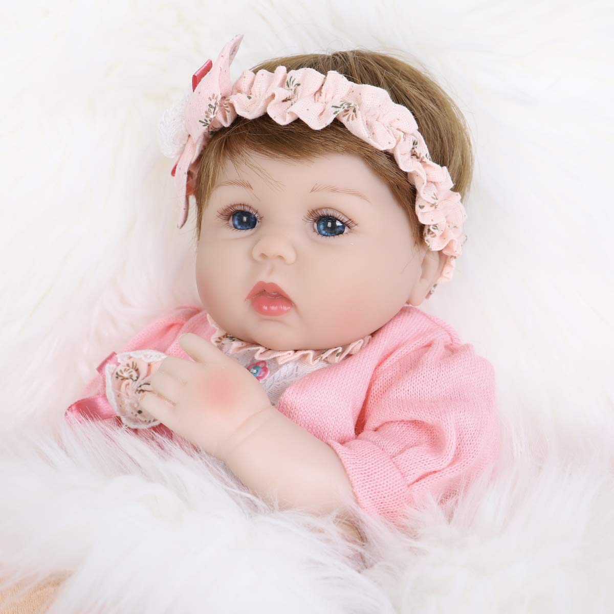 ENADOLL Reborn Baby Doll – 16 Inch Realistic Silicone Vinyl Doll with Pink Hairband Gift Set