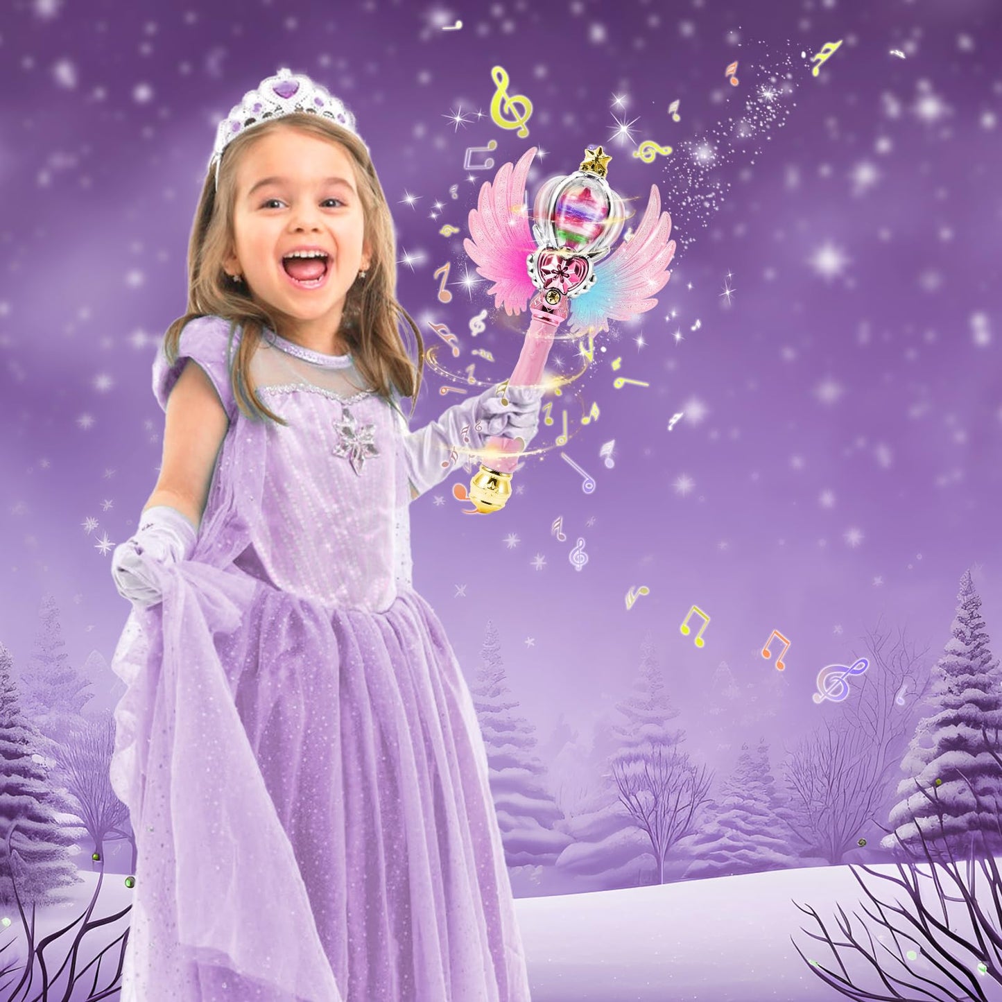 EnchantZone Light Up Snowflake Wand – Pink Princess Toy with Spinning LEDs & Music