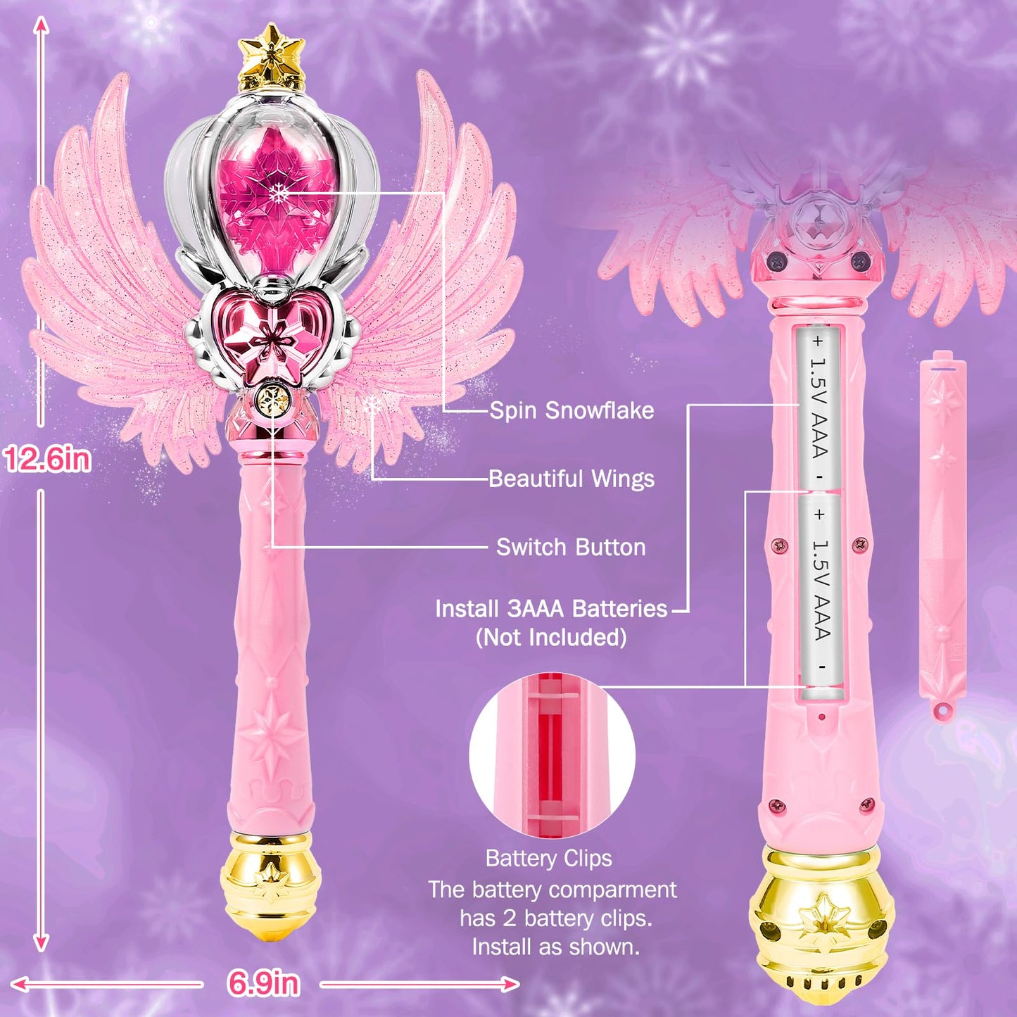 EnchantZone Light Up Snowflake Wand – Pink Princess Toy with Spinning LEDs & Music