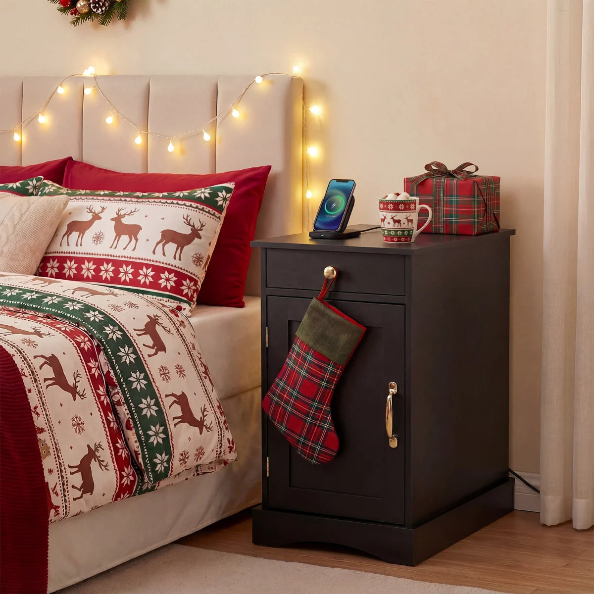 End Table Narrow Nightstand Bedside Table with Charging Station-Black