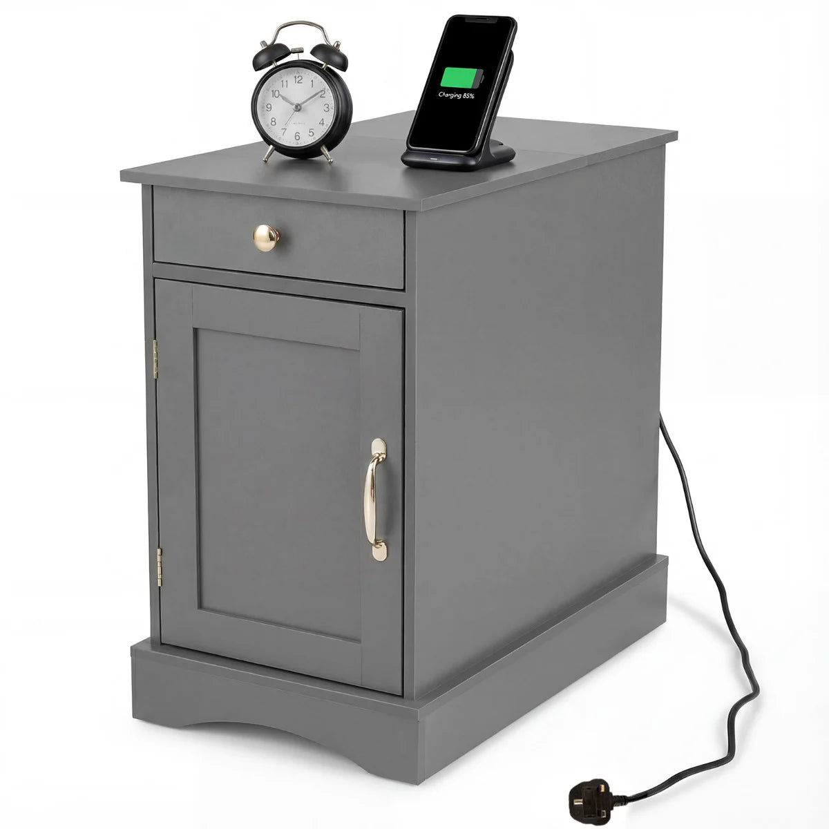 End Table Narrow Nightstand Bedside Table with Charging Station-Black
