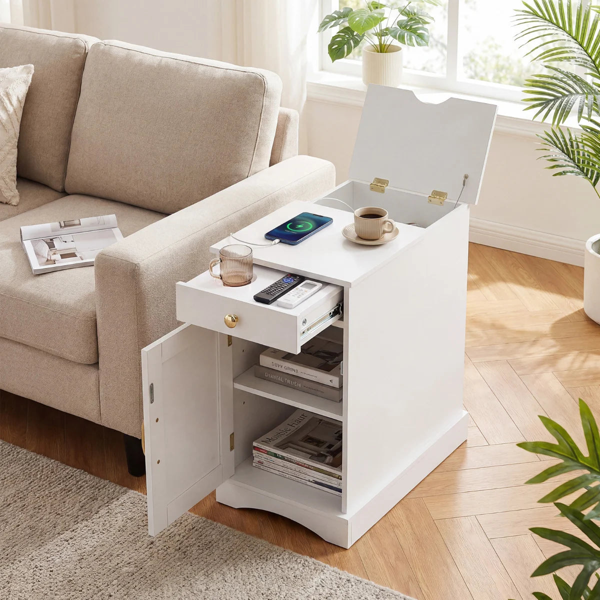 End Table Narrow Nightstand Bedside Table with Charging Station-Black
