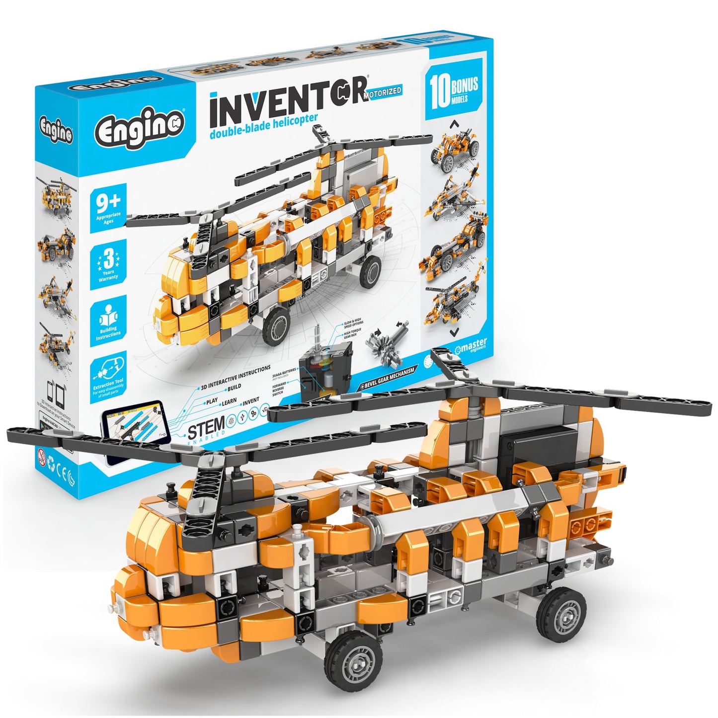 Engino Inventor Motorized Double-Blade Helicopter – STEM Building Kit for Kids 9+ (10 Models)