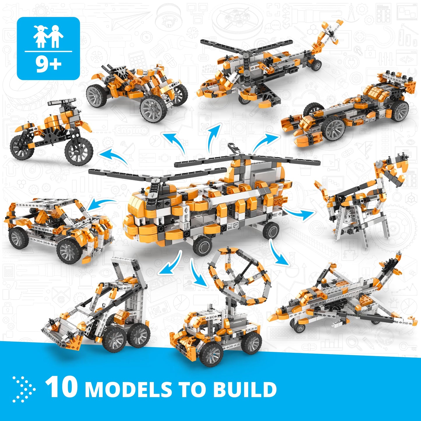 Engino Inventor Motorized Double-Blade Helicopter – STEM Building Kit for Kids 9+ (10 Models)