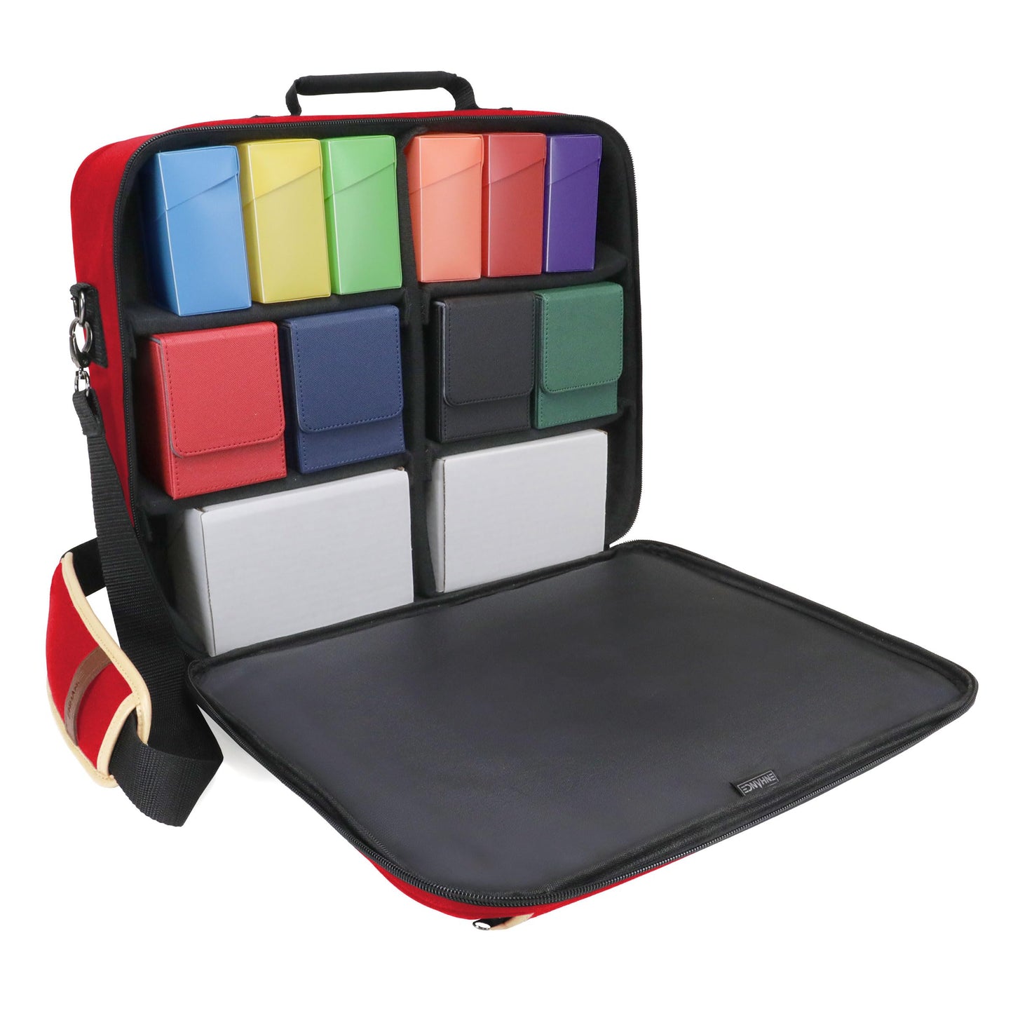 ENHANCE Designer Edition TCG Bag — MTG Shoulder Bag with Customizable Dividers & Accessory Pocket (Red)