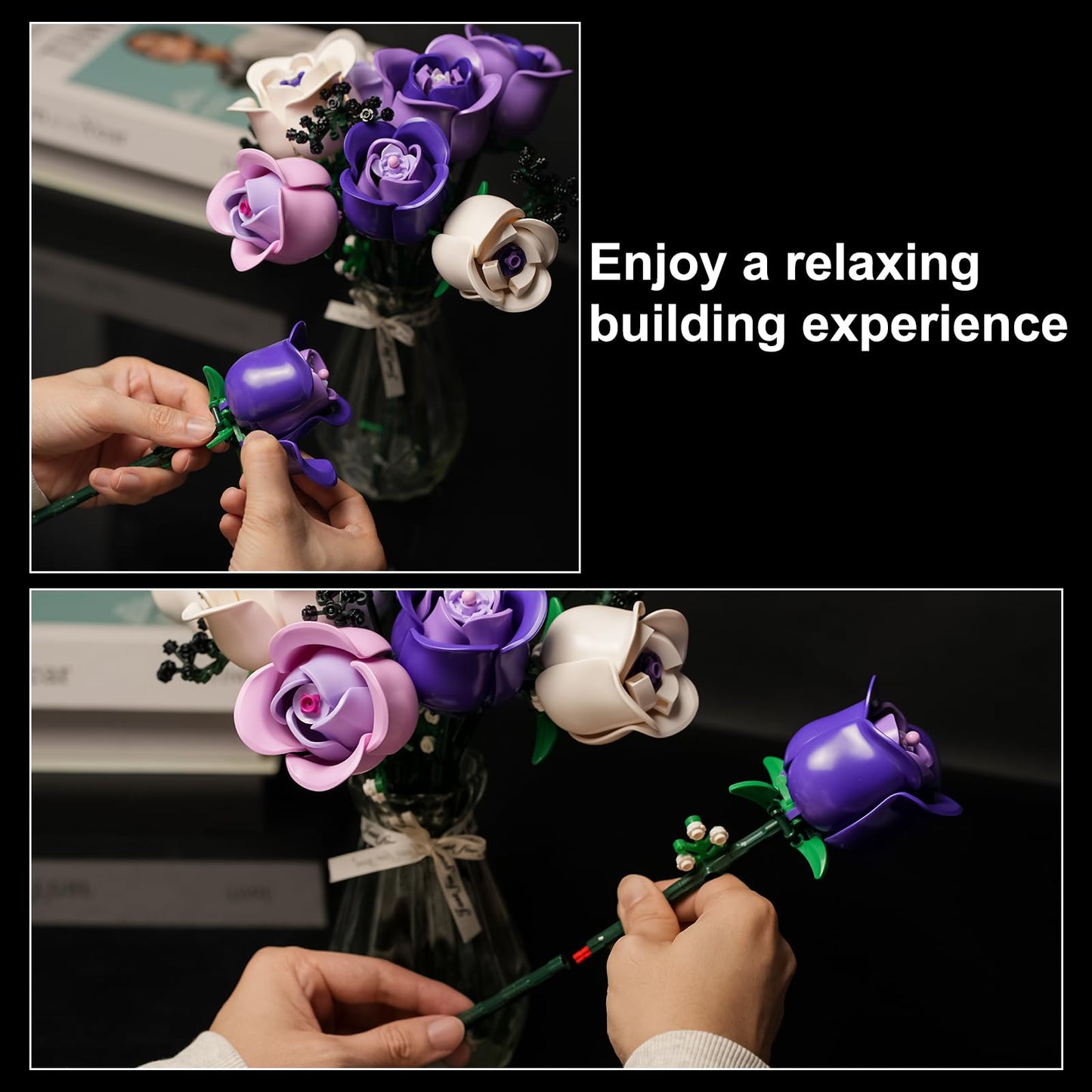 ENJBRICK Roses Bouquet Building Set – Lego-Compatible Pink & Purple Flowers for Adults