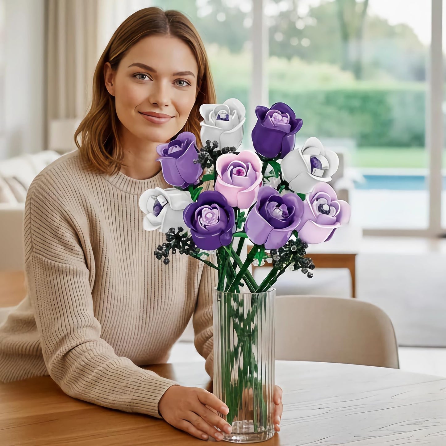 ENJBRICK Roses Bouquet Building Set – Lego-Compatible Pink & Purple Flowers for Adults