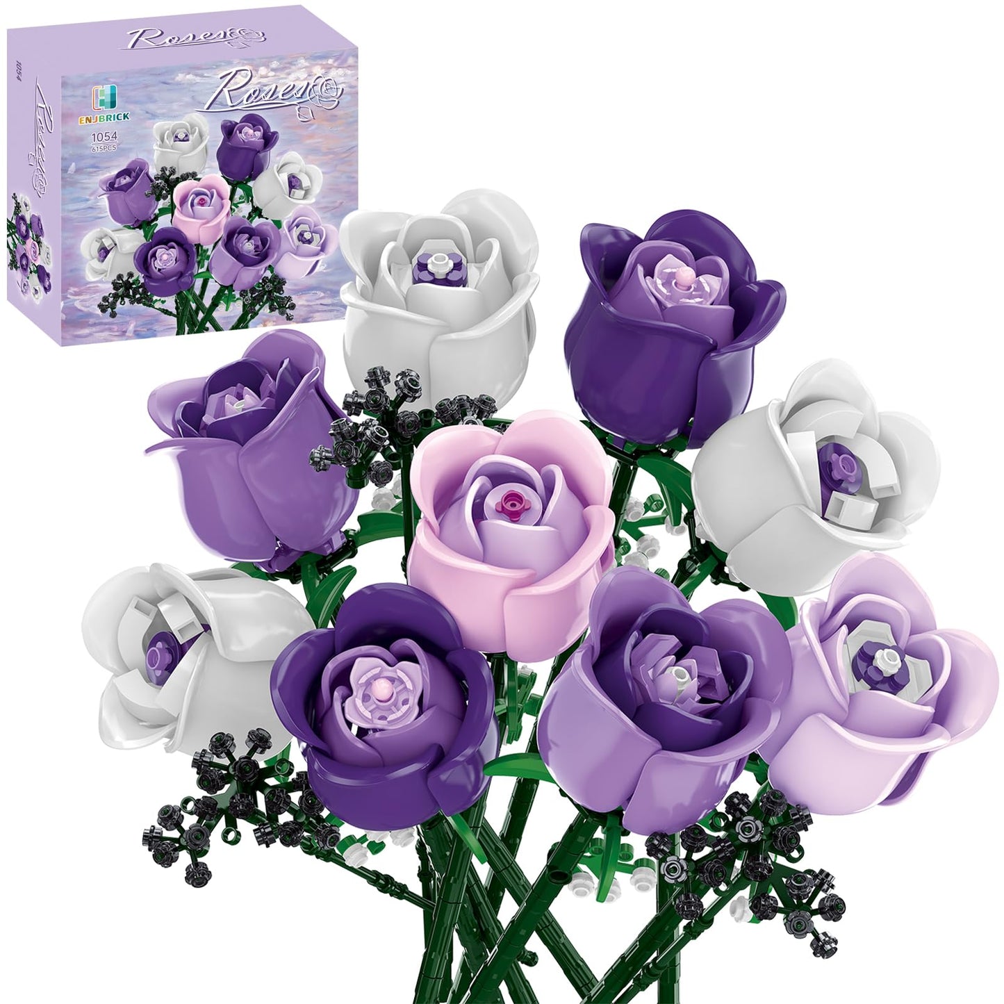 ENJBRICK Roses Bouquet Building Set – Lego-Compatible Pink & Purple Flowers for Adults