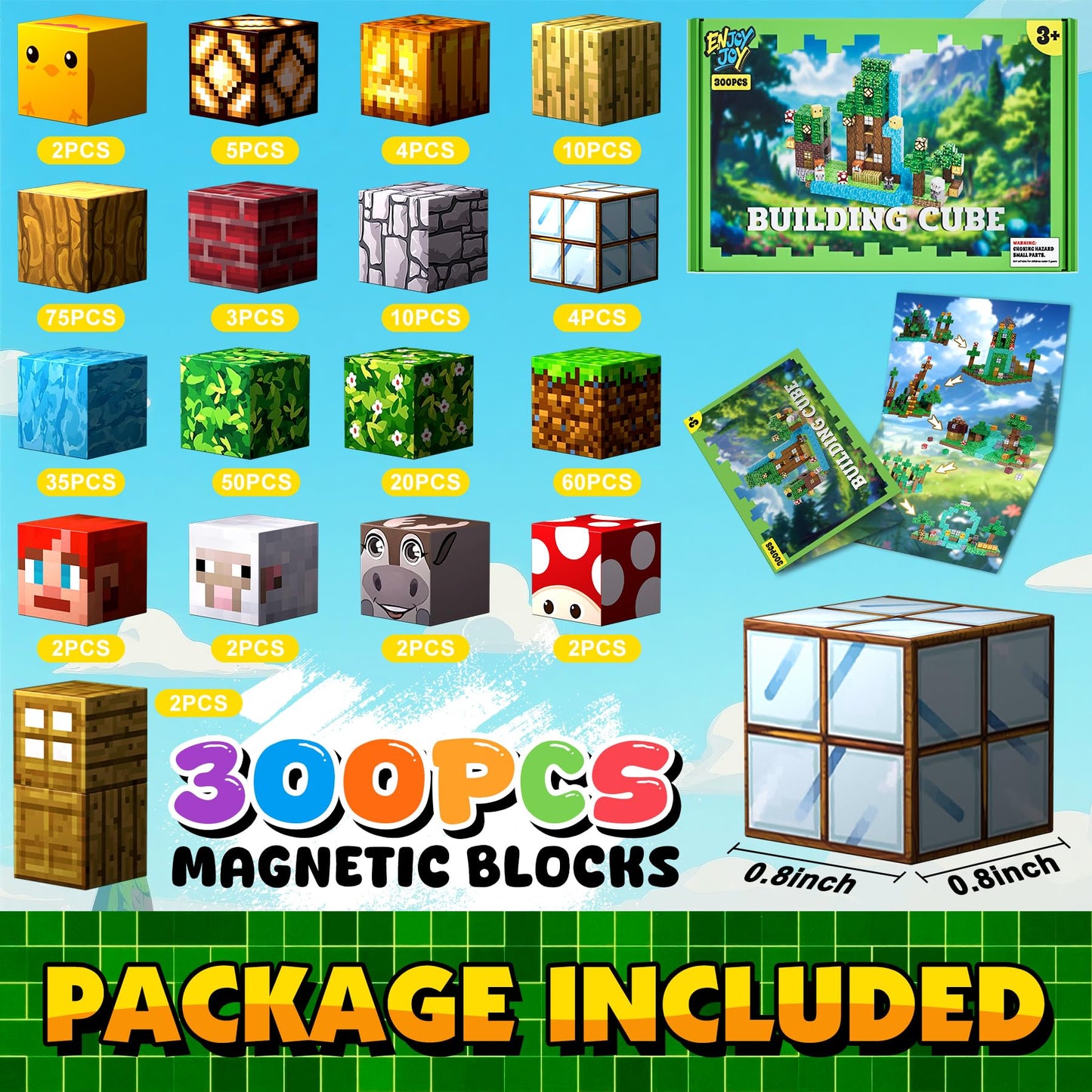 Enjoyjoy 300 PCS Magnetic Blocks – STEM Building Toys for Kids 4-8 | Montessori-Style Magnetic Cubes