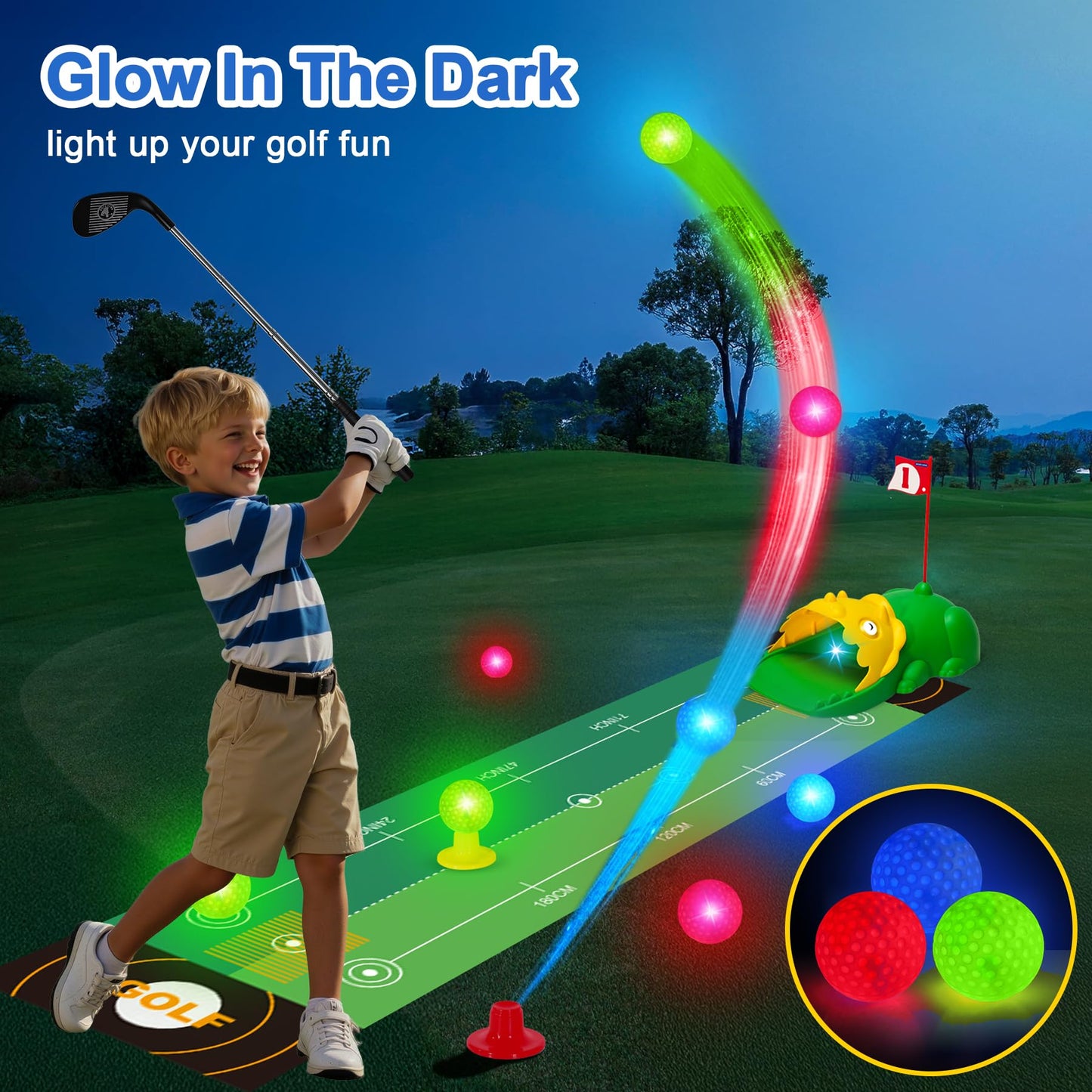 Enjoyjoy Upgraded Kids Golf Set with Auto Return & Glow Balls – Indoor/Outdoor Mini Golf for Ages 2-8