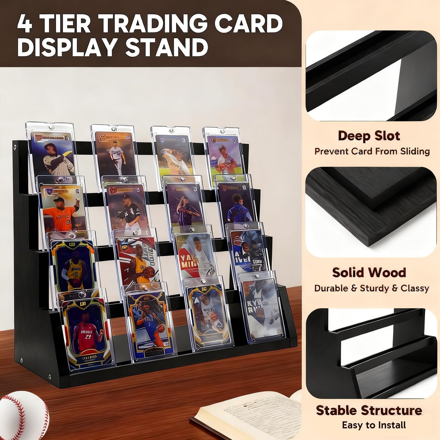 Enklogic 4-Tier Wooden Trading Card Display Stand | Graded Card Holder (Black)