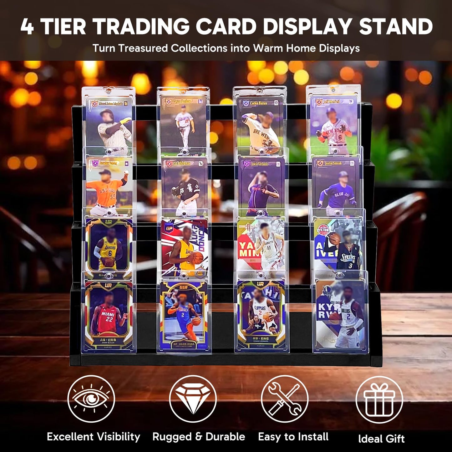 Enklogic 4-Tier Wooden Trading Card Display Stand | Graded Card Holder (Black)