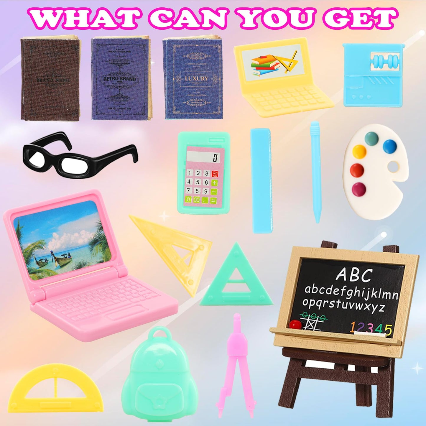 ENOCHT 22-Piece 6-Inch Dolls School Set: Clothes, Dresses, Glasses, Computer & Study Accessories