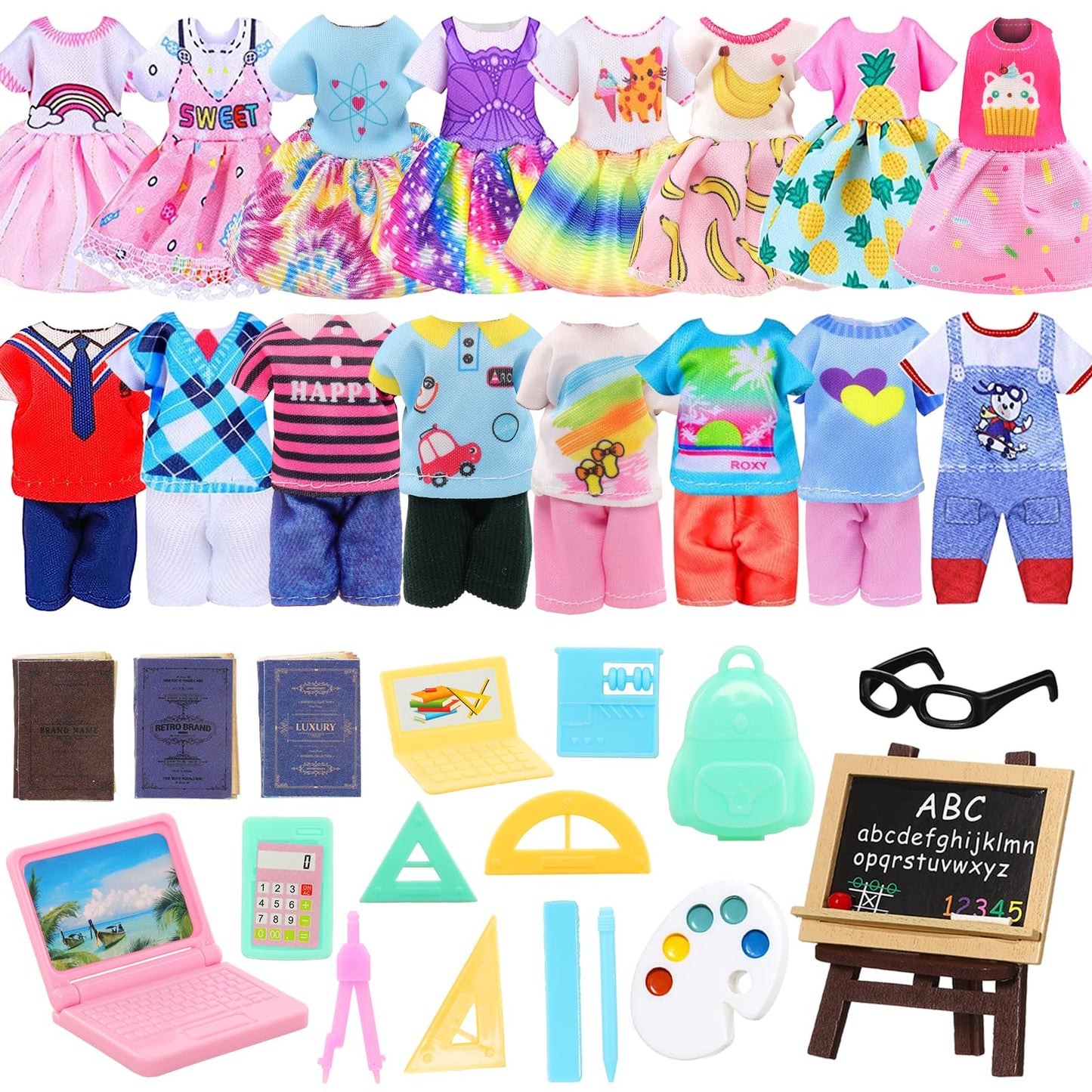 ENOCHT 22-Piece 6-Inch Dolls School Set: Clothes, Dresses, Glasses, Computer & Study Accessories