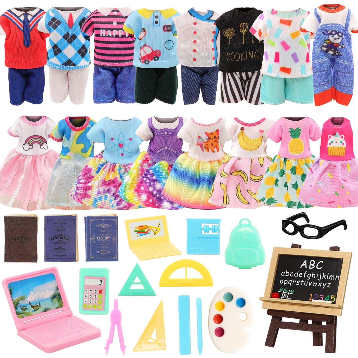 ENOCHT 22-Piece 6-Inch Dolls School Set: Clothes, Dresses, Glasses, Computer & Study Accessories