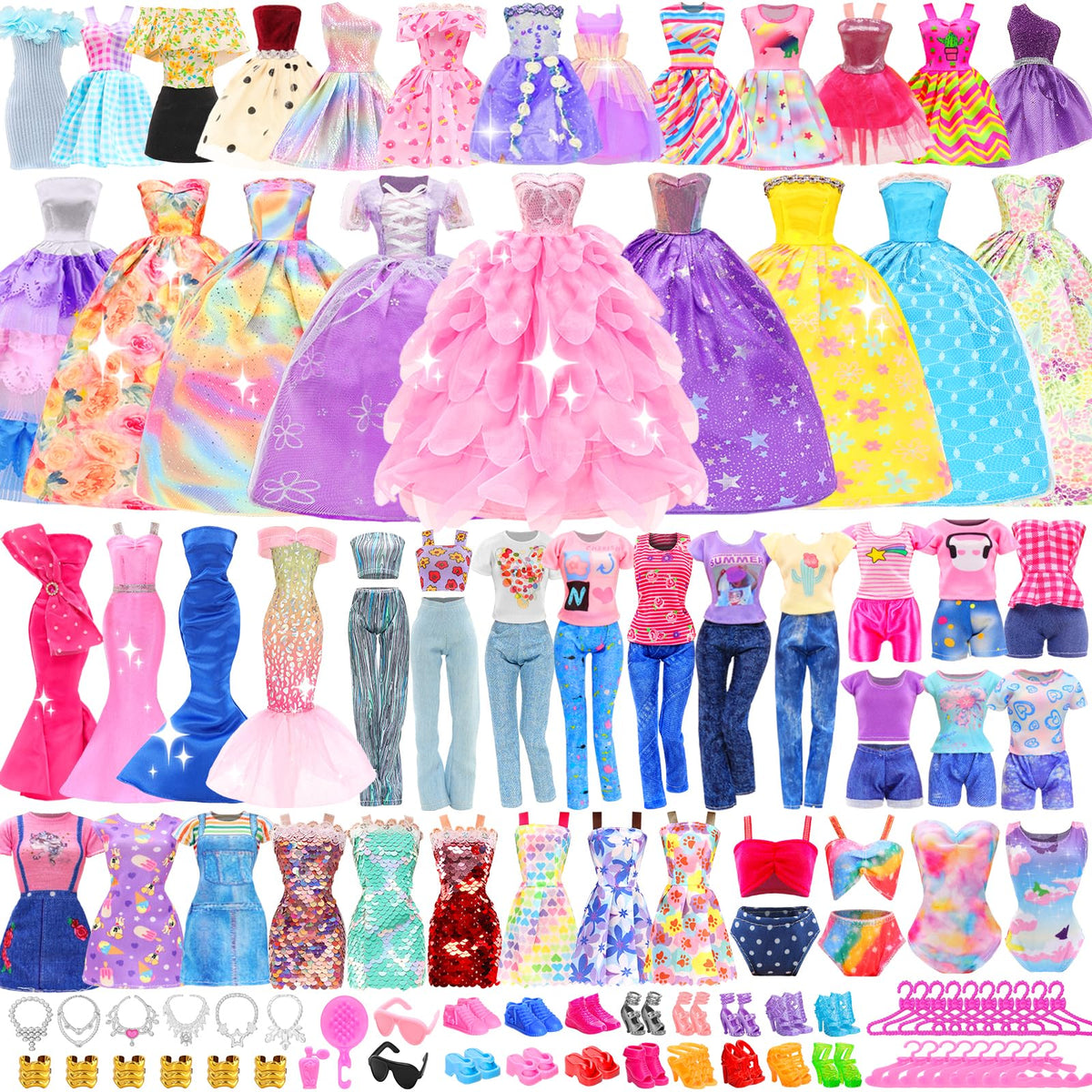 ENOCHT 80-Pcs Doll Clothes & Accessories Pack for 11.5-Inch Dolls – Dresses, Gowns, Swimwear