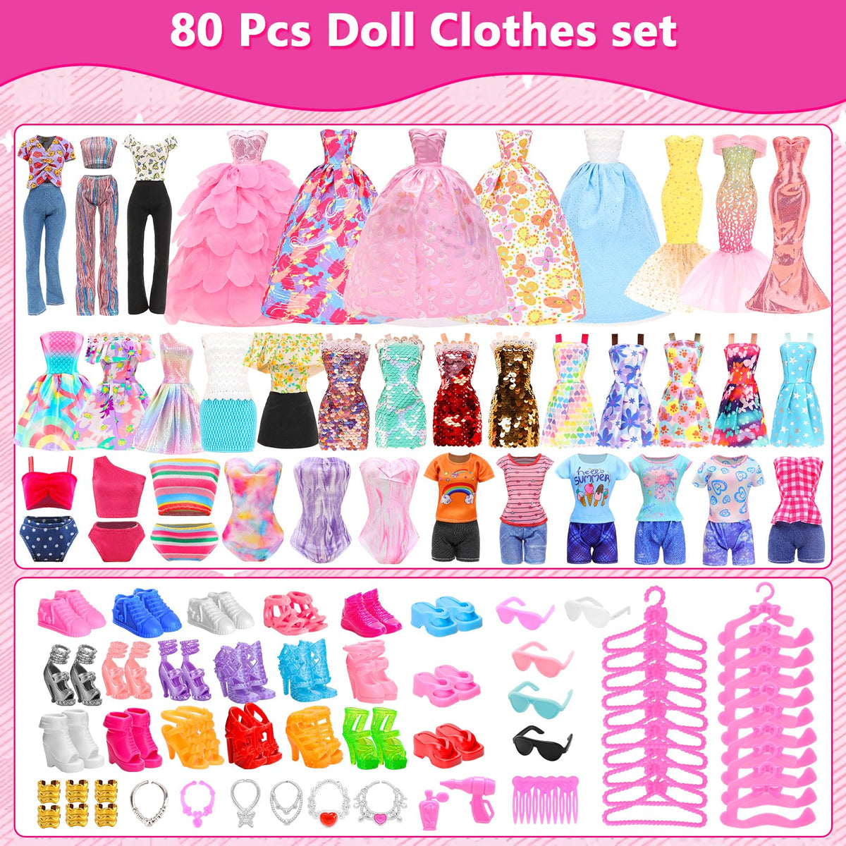 ENOCHT 80-Pcs Doll Clothes & Accessories Pack for 11.5-Inch Dolls – Dresses, Gowns, Swimwear