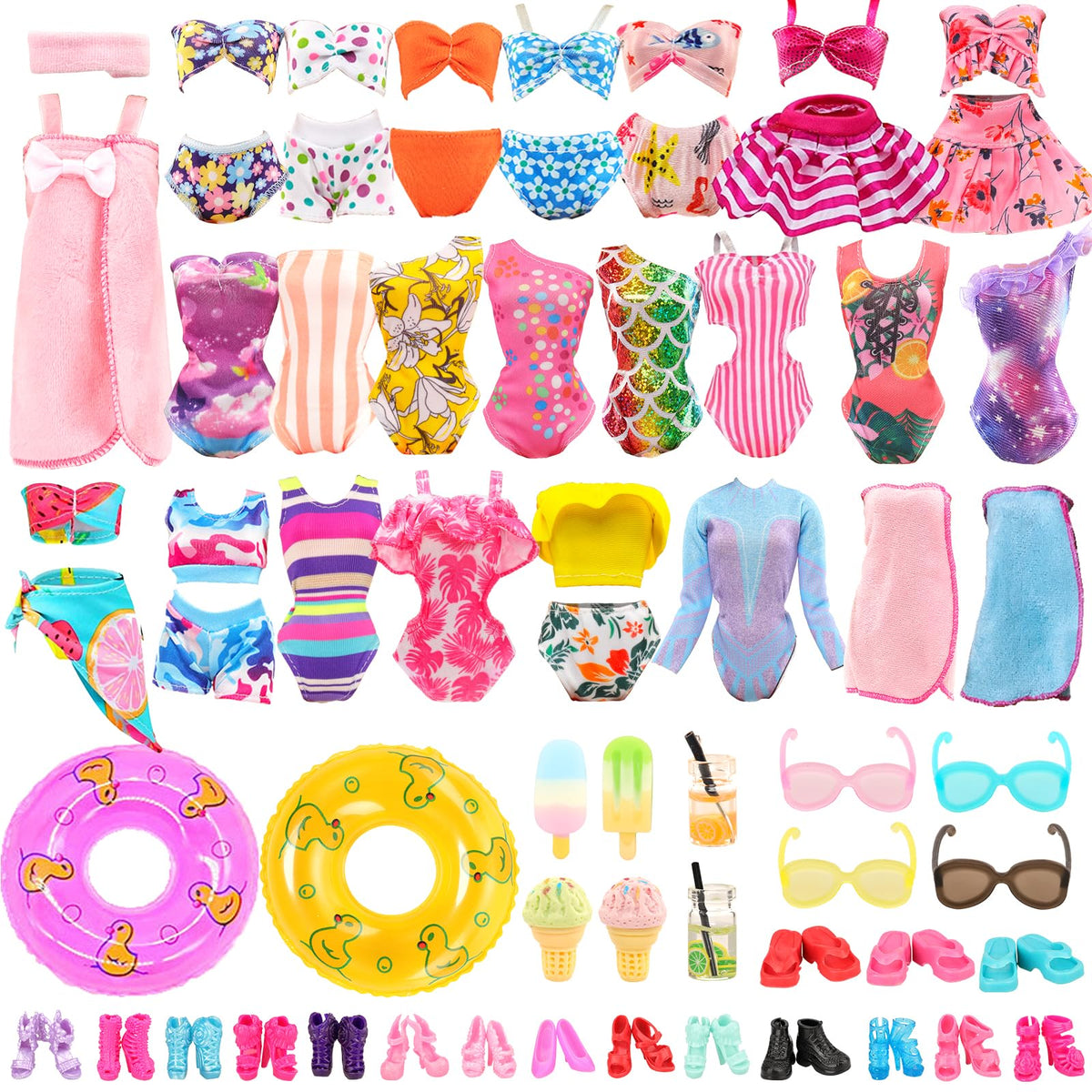 ENOCHT Lot 26 Beach Doll Clothes & Accessories Set for 11.5-Inch Dolls – 5 Swimsuits, Bathrobe, 2 Rings & 18 Pieces