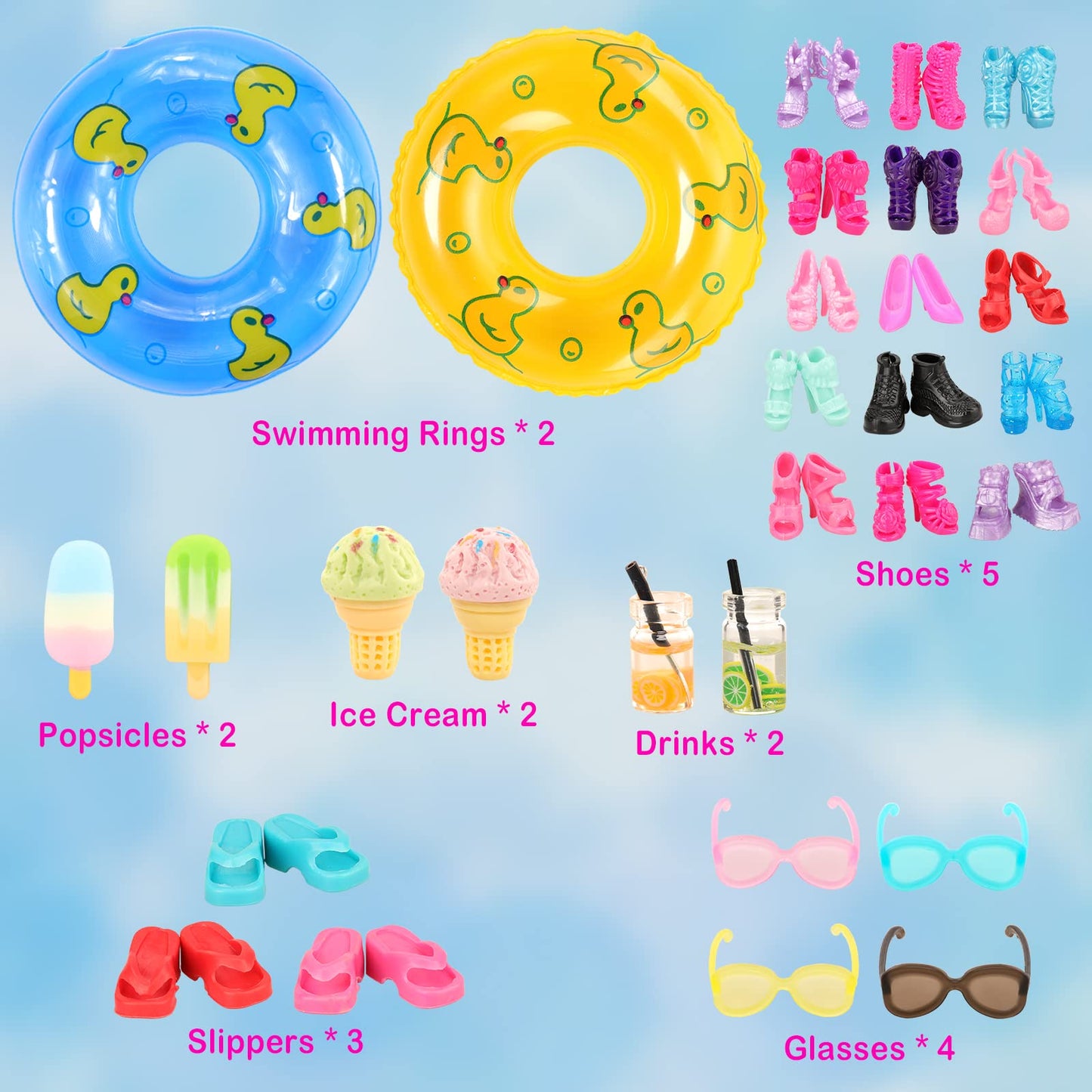 ENOCHT Lot 26 Beach Doll Clothes & Accessories Set for 11.5-Inch Dolls – 5 Swimsuits, Bathrobe, 2 Rings & 18 Pieces