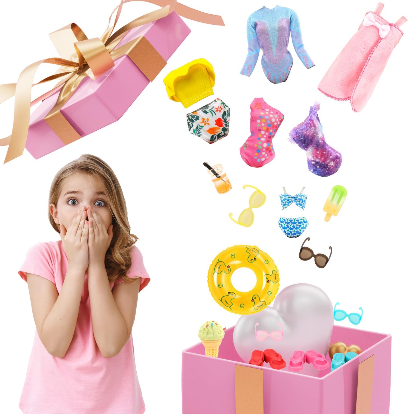ENOCHT Lot 26 Beach Doll Clothes & Accessories Set for 11.5-Inch Dolls – 5 Swimsuits, Bathrobe, 2 Rings & 18 Pieces