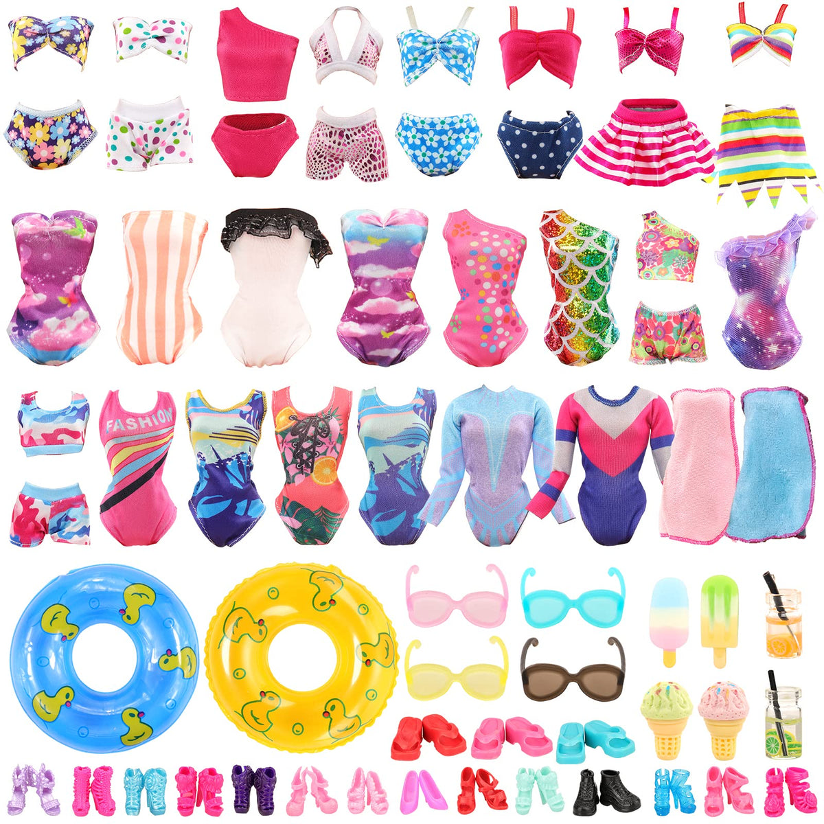 ENOCHT Lot 26 Beach Doll Clothes & Accessories Set for 11.5-Inch Dolls – 5 Swimsuits, Bathrobe, 2 Rings & 18 Pieces