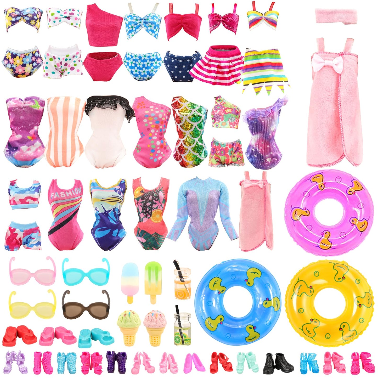 ENOCHT Lot 26 Beach Doll Clothes & Accessories Set for 11.5-Inch Dolls – 5 Swimsuits, Bathrobe, 2 Rings & 18 Pieces